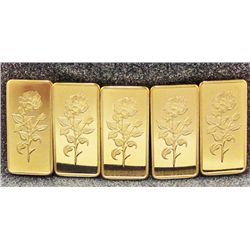 LOT OF 5 LONG STEM ROSE .999 GOLD CLAD INGOT BAR