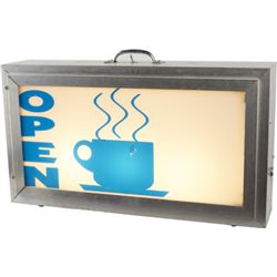 “Open” 2-Sided Plastic Light-Up Sign In Metal Box.