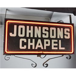 “Johnsons Chapel” Red Neon Glass Sign In Metal Box.
