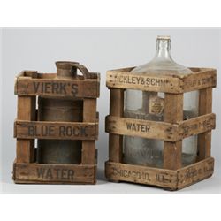 Lot Of 2 Early Milk or Water Jugs In Wood Crates.