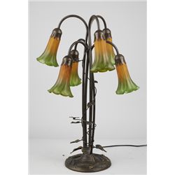 Brass Lamp w/Dragonflies & 6 Green/Yellow Glass Flowers