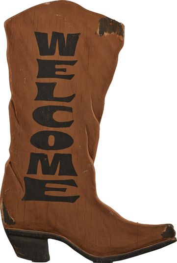 Figural Wood Cowboy Boot “Welcome” Sign 32” Tall.