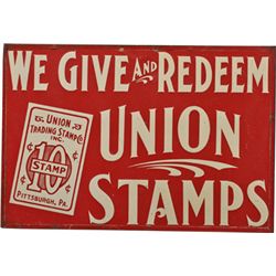 Union Stamps Double-Sided Embossed Tin Sign.