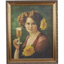 Pretty Lady Holding A Pilsner Glass Litho. Print.