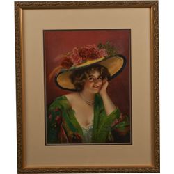 Pretty Woman In Fancy Floral Hat Litho. On Canvas.