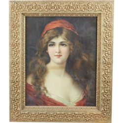 Pretty Brunette Lady w/ Long Hair Litho. Print In Frame