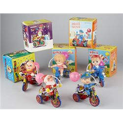 Lot Of 5 Mechanical Tin Tricycle Toys w/Revolving Bell.
