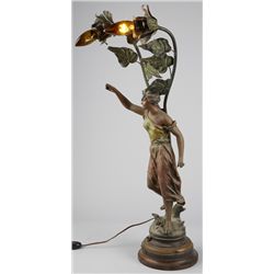 Brass Figural Woman Lamp w/2 Bulbs Extending From Vine.