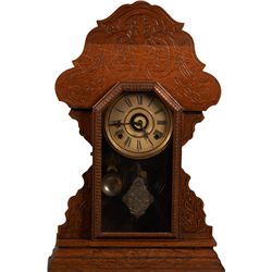 Fancy Etched Oak Sessions Clock In Original Condition.