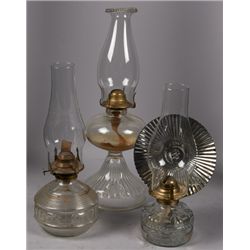 Lot Of 3 Embossed Glass Oil Lamps w/ Glass Chimneys.