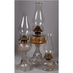 Lot Of 3 Embossed Glass Oil Lamps w/ Glass Chimneys.