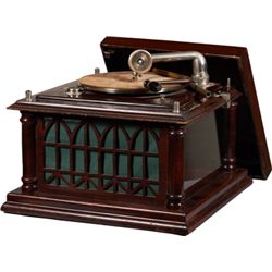 Wood Tabletop Phonograph w/Metal Lid & 2 Glass Sides.