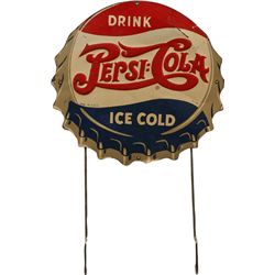 Pepsi Embossed Die-Cut Tin Bottle Cap Display Sign.