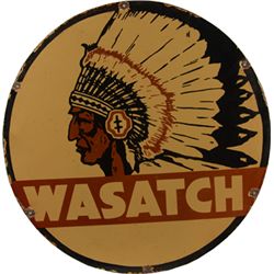 Wasatch Oil Circular Porcelain Sign w/Indian Chief.