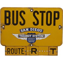 San Diego Transit System Porcelain Bus Stop Route Sign.
