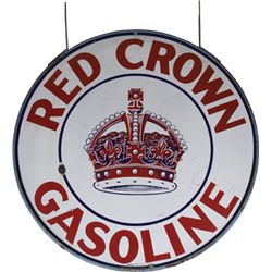 Large Red Crown Gasoline Round Porcelain Sign.