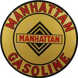 Manhattan Gasoline Round Double-Sided Metal Sign.