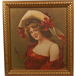 Lady In Red Silk Pillow Cover In Ornate Frame.