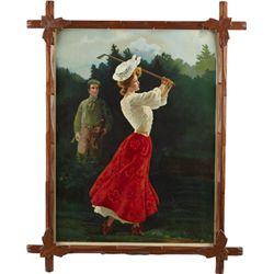 Pretty Lady In Victorian Style Dress Playing Golf.