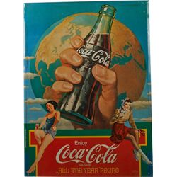 Coca Cola Tin Advertisement On Cardboard Backing.