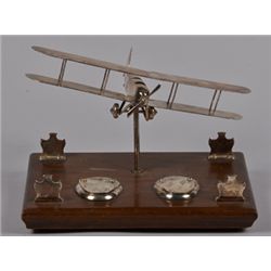 Silver Plated Desktop Biplane Inkwell Set On Wood Base.