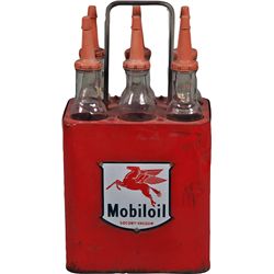 Lot Of Embossed Glass 1-Quart Oil Bottles In Carrier.