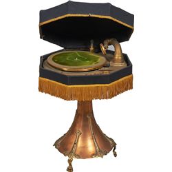 Brass & Copper Tabletop Phonograph Lamp w/Fringe Shade.