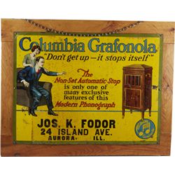 Columbia Grafonola Tin Advertisement Sign On Wood Frame