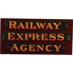 “Railway Express Agency” Metal Plaques On Wood Display.