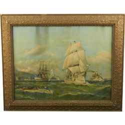 Granville Perkins Ships At Sea Print In Ornate Frame.