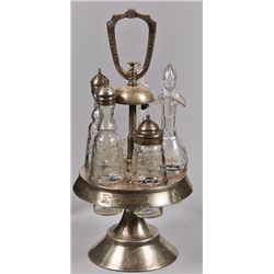 Silver Plated Rotating Cruet Set w/5 Matching Bottles.