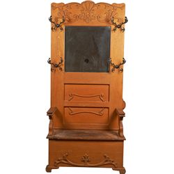 Large Ornate Oak Hall Tree w/ Beveled Glass Mirror.