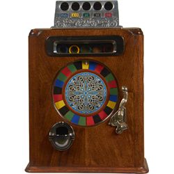 English Counter Wheel Slot Machine In Wood Cabinet.