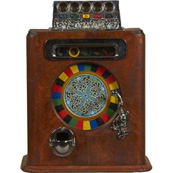 English Counter Wheel Slot Machine In Wood Cabinet.