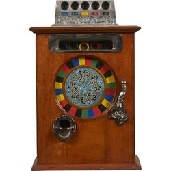 English Counter Wheel Slot Machine In Wood Cabinet.