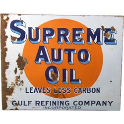 Supreme Auto Oil Double-Sided Porcelain Flange Sign.