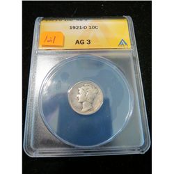 1921D Mercury Silver Dime - ANACS AG3