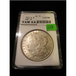 1921S Morgan Silver Dollar - ANACS AU55 - VAM 6A Hit List Top 40:Obverse Die scratch between B & U