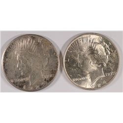 LOT OF (2) PEACE SILVER DOLLARS 1924 MS 62, 1924-S XF-AU