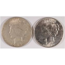 LOT OF (2) PEACE SILVER DOLLARS 1927-D MS 62, 1927-S DAMAGED