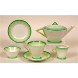 A Shelley Bachelor Tea Set, with green decoration, and angular handles (7)  See illustration  £80...