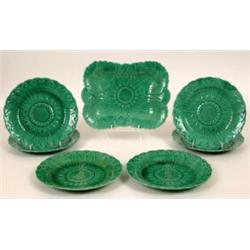 A Wedgwood Green Majolica Part Dessert Service, with flower and leaf decoration (7)  See illustra...