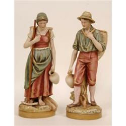 A Pair of Royal Dux Figures, of a lady and gentleman, carrying baskets, flagons and jugs, impress...