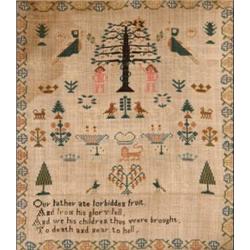 An Early 19th Century Needlework Sampler, by Mary Rose 1826, incorporating figures, birds, trees...