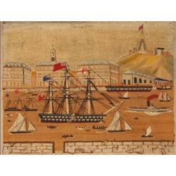 A 19th Century Sailor Work Picture, of a three masted man'o war, a paddle steamer, and other vess...
