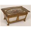Image 1 : A French Gilt Metal and Mother of Pearl Jewellery Casket, the hinged cover inset a dried flower d...