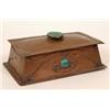 Image 1 : An Art Noveau Hammered Copper Casket, the cover applied a circular finial decorated a lady, 27 cm...