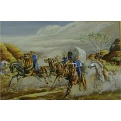 I*** Norbury, Indian attacking a US army wagon, gouache, signed, 47 x 72 cm  £50-80...