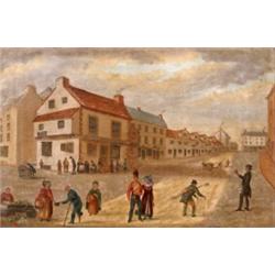 J*** Thompson, a naive street scene, possibly Ireland, oil on canvas, signed, 30 x 45.5 cm  See i...