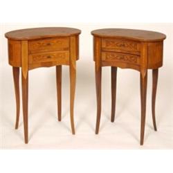 A Pair of French Kidney Shaped Side Tables, with inlaid decoration, having two frieze drawers on...